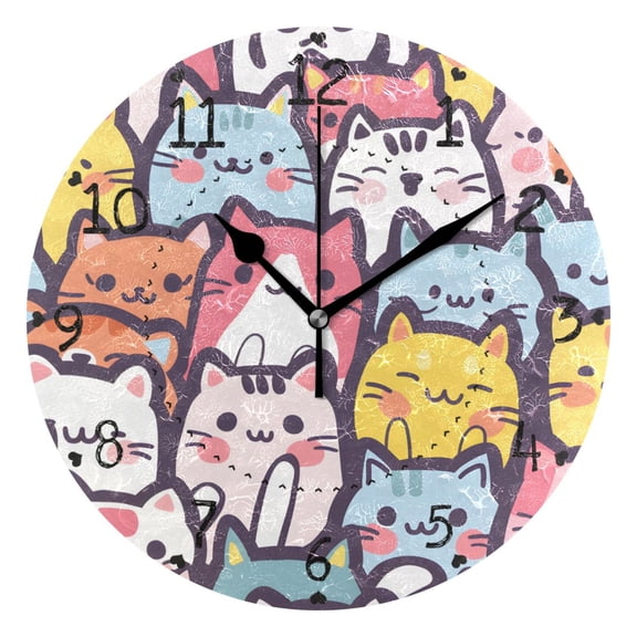 Seamless Cartoon Cute Cat Faces Round Wall Clock Silent Analog Battery Operated Black Pointer Home Decor 9.84" Diameter