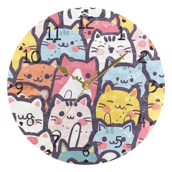 Seamless Cartoon Cute Cat Faces Round Wall Clock Silent Analog Battery Operated Gold Pointer Home Decor 9.84" Diameter