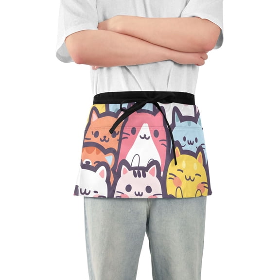 Seamless Cartoon Cute Cat Faces Short Server Apron with 3 Pockets for Unisex Chef Gardening