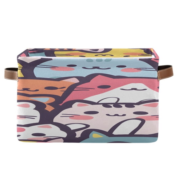 Seamless Cartoon Cute Cat Faces Square Storage Bins with Handles Collapsible Containing Box 1 Pack