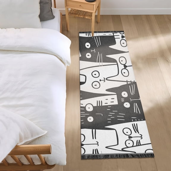 Seamless Cat Faces Doodle Bedside Runner Rug 2'x 6' Non Slip Carpet Floor Mat Area Rug