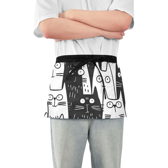 Seamless Cat Faces Doodle Short Server Apron with 3 Pockets for Unisex Chef Gardening