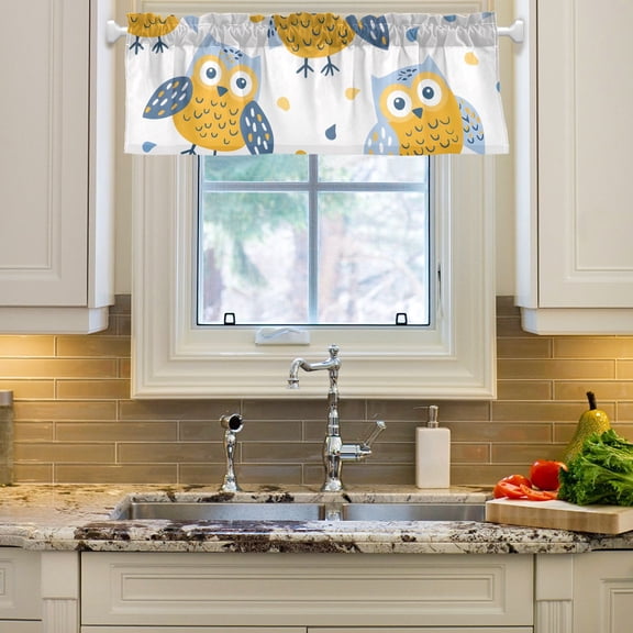 Seamless Childish Pattern with Cartoon Owl Curtain Valances Farmhouse Design Window Treatment Decor Blackout Rod Pocket for Windows Living Room Kitchen 54" x 18"