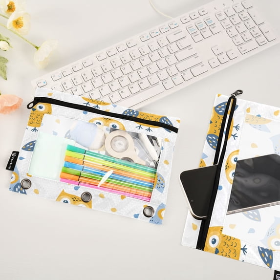 Seamless Childish Pattern with Cartoon Owl 2 Pack Pencil Pouches Zipper Pencil Case 3 Ring Pencil Pouch Cosmetic Bag