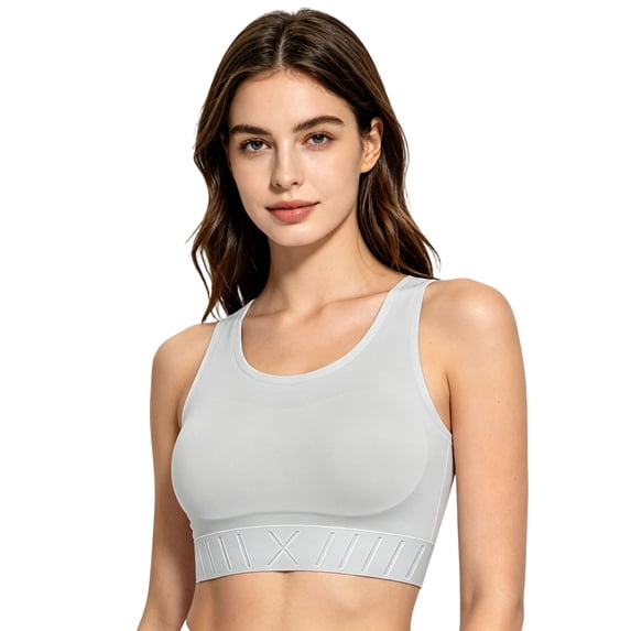 Seamless Compression Yoga Bra for Daily Casual Wear with Flat Shaping and Maximum Coverage Racerback Wireless Bust Support for Fitness and Workouts, M, Light Gray