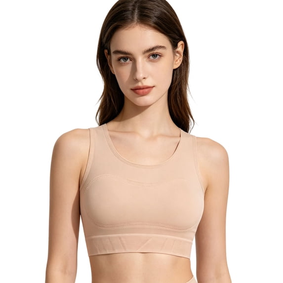 Seamless Compression Yoga Bra for Daily Casual Wear with Flat Shaping and Maximum Coverage Racerback Wireless Bust Support for Fitness and Workouts, XXL, Khaki