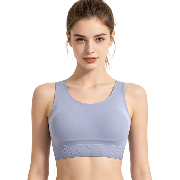 Seamless Compression Yoga Bra For Flat Shaping Sports Top Smooth Silk Feel Maximum Coverage Racerback High Intensity Wireless Bust Support Workout Activewear, XXL, Blue