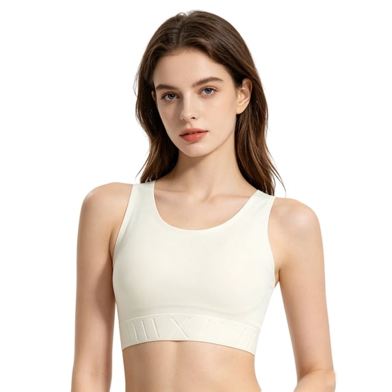 Seamless Compression Yoga Bra For Flat Shaping Sports Top Smooth Silk Feel Maximum Coverage Racerback High Intensity Wireless Bust Support Workout Activewear, M, White