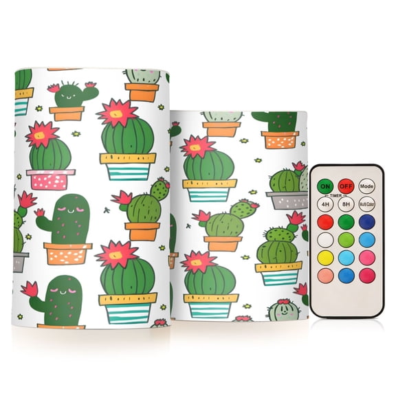 Seamless Cute Cactus Flameless LED Candle Set with Remote, Battery Operated Color Changing Pillar Candles, Set of 2