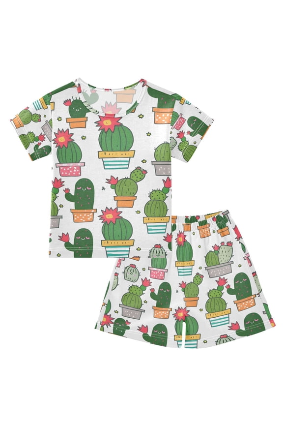 Seamless Cute Cactus Summer Pajama Set Soft Cotton Short Sleeve Sleepwear 2PCS Pajama Sets Breathable Lounge Set Size 6Y