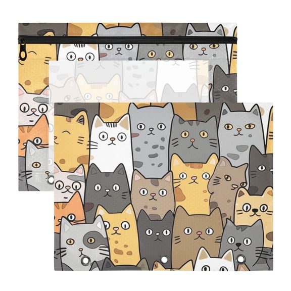 Seamless Cute Cat Faces 3-Ring Binder Pouches A4 Size Zipper Pocket File Storage 2 Packs
