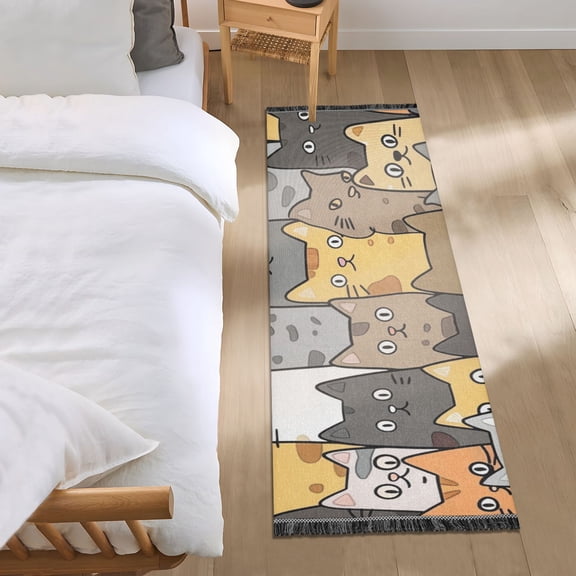 Seamless Cute Cat Faces Bedside Runner Rug 2'x 6' Non Slip Carpet Floor Mat Area Rug