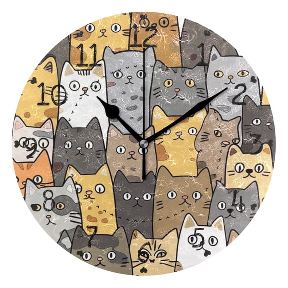Seamless Cute Cat Faces Round Wall Clock Silent Analog Battery Operated Black Pointer Home Decor 9.84" Diameter
