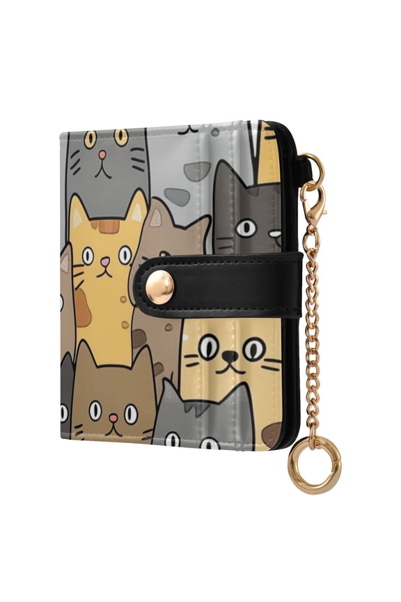 Seamless Cute Cat Faces Women's Wallet PU Leather Card Cases RFID Blocking Purse Billfold with Key Ring