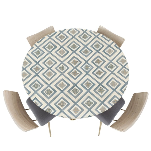 Seamless Diamond Geometric Lattice Fitted Round Tablecloths Elastic Edged Table Covers 45"-54",Modern Stripe Grid Checker Waterproof Dining Room Table Cloth for Kitchen Holiday Party Tables Decor