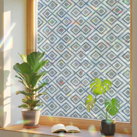 Seamless Diamond Geometric Lattice Window Privacy Film, Rainbow Film Decorative Window Sticker 17.7x39.3in, Modern Stripe Grid Checker Sun Blocking Static Stained Glass Cling Tint Non-Adhesive