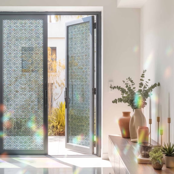 Seamless Diamond Geometric Lattice Window Privacy Film, Rainbow Film Decorative Window Sticker 23.6x78.7in, Modern Stripe Grid Checker Sun Blocking Static Stained Glass Cling Tint Non-Adhesive