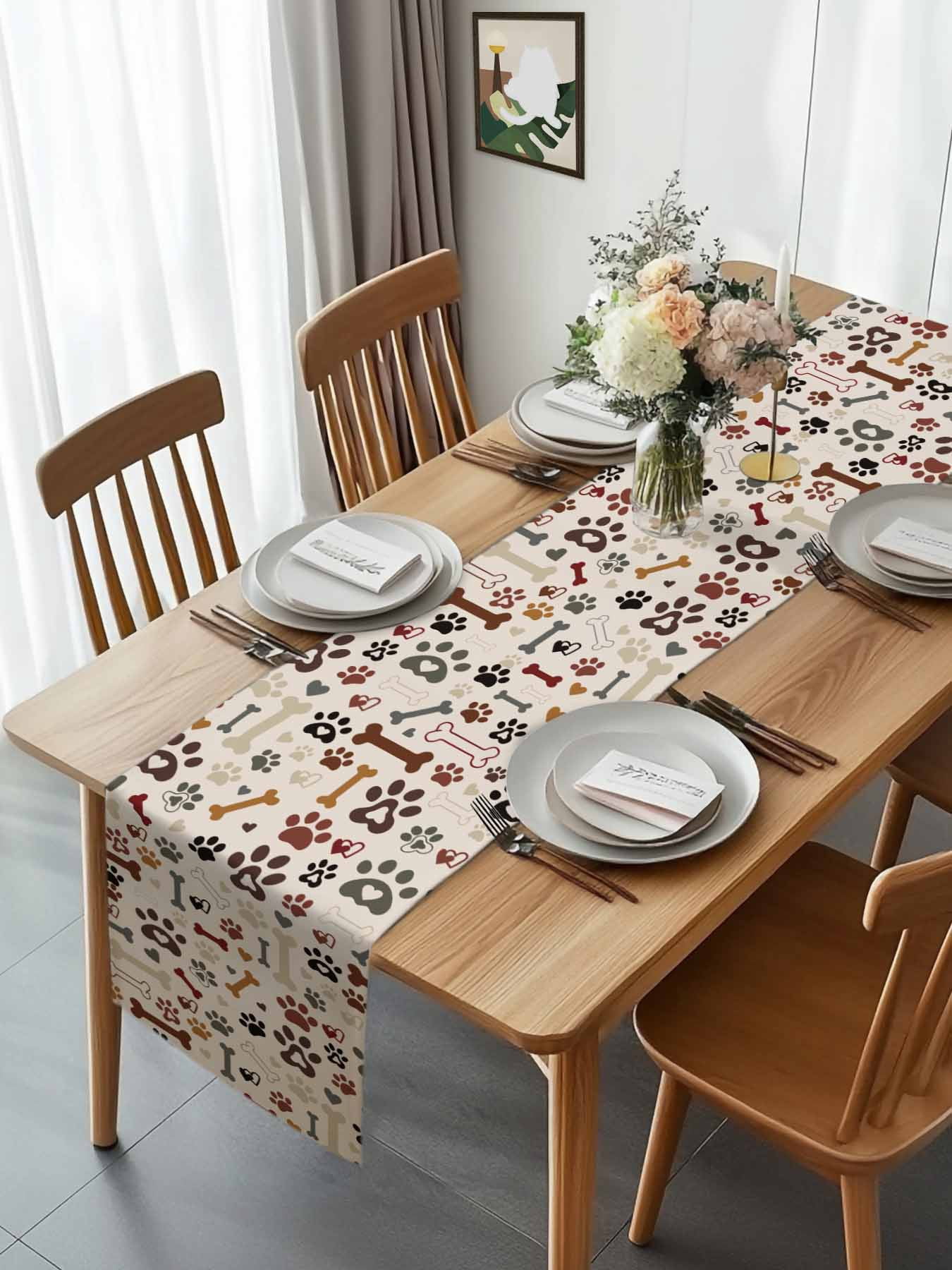 Seamless Dog Paw Bone Texture Table Runner 90 Inches Long, Pet Claw Love Heart on Khaki Table Runners Tabletop Scarf Kitchen Dining Tables Decoration for Home Party Indoor Outdoor