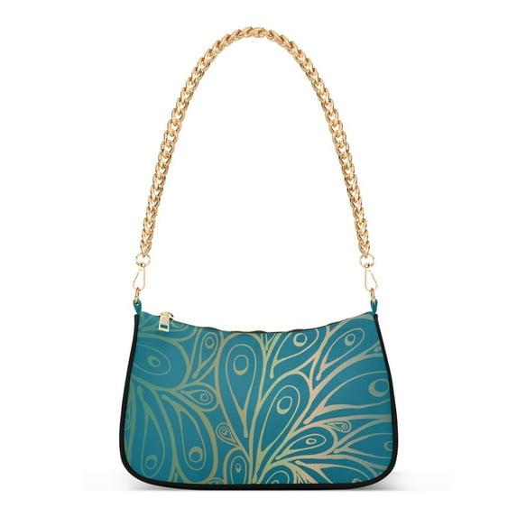 Seamless Doodle Peacock Feathers Pattern Gradient Blue Womens Chain Shoulder Bag Tote Handbag Clutch Hobo Purse with Zipper for Travel Casual