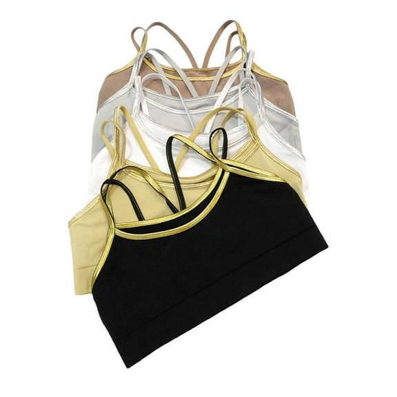 Seamless Double Layer Bralette Sports Bra Top Metallic Straps (One-Size, White-Silver), One-Size, White-Silver