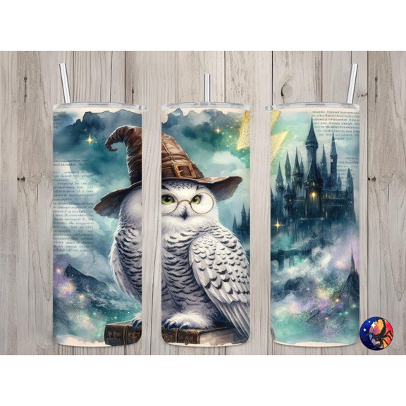 Seamless Fantasy Wizard Owl & Magic Academy Book Lover Design, Books 20 oz Skinny Straight Tumbler Sublimation Wrap