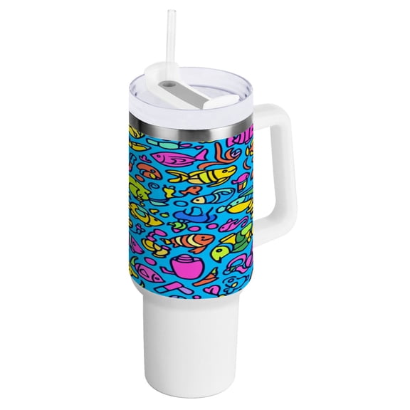 Seamless Fish Pattern Insulated Tumblers 40oz Double-Walled Stainless Steel Water Bottles Car Handle