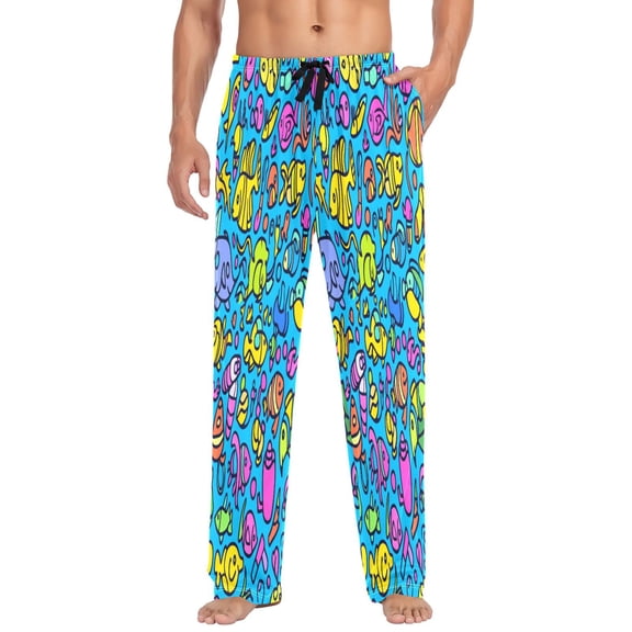 Seamless Fish Pattern Mens Cotton Pajama Pants Long Staple Lightweight Sleep Bottoms with Pockets Breathable