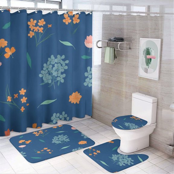 Seamless Floral Pattern on Blue Background Shower Curtain Set Modern Bathroom Decor Mats 4pcs Fabric Bathroom Curtain Slip Floor Rug Toilet Lid