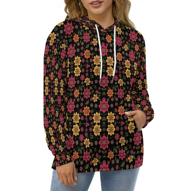 Seamless Flower Pattern Hoodies Oversized Hoodie Women Long Sleeve