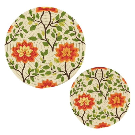 Seamless Flowers Cotton Braided Potholders, 2 Pack Heat-Resistant Pads 7.09'' and 9.45''