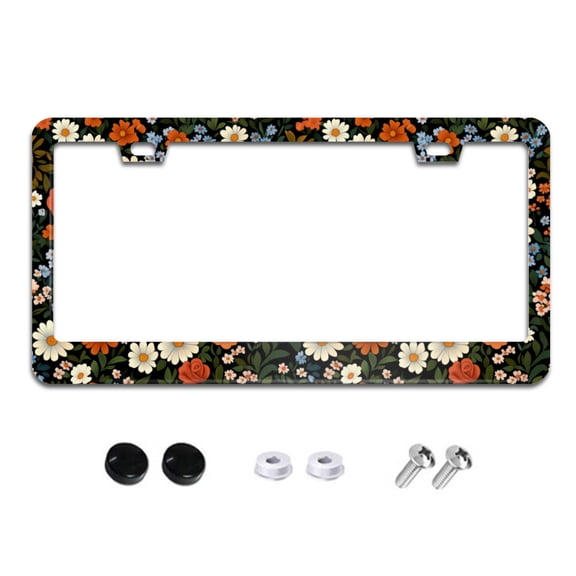 Seamless Flowers on Black License Plate Frames for Women Men Car Plate Holder Cover Metal Tag Aluminum Car Accessories Front Rear Plate Decor