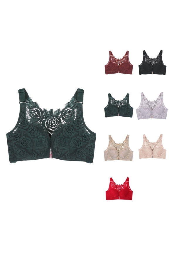 Seamless Front Buckle Lace-Edge Comfort Rose Bra with Back Support, Push-Up, Plus Size, No Steel Ring, Yoga & Sleep Friendly