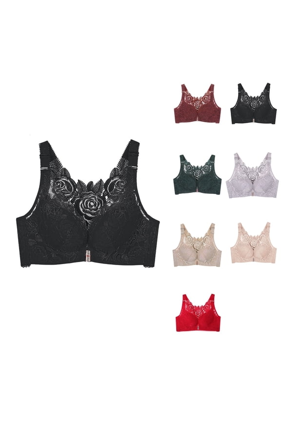 Seamless Front Buckle Lace-Edge Comfort Rose Bra with Back Support, Push-Up, Plus Size, No Steel Ring, Yoga & Sleep Friendly