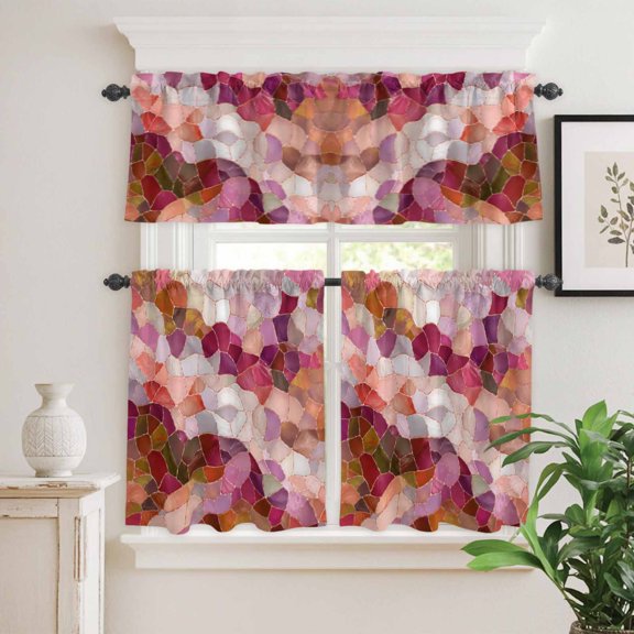 Seamless Glass Shard Pattern Curtain Tier and Valance Set 3 Piece,Abstract Broken Tile Print 3-inch Rod Pocket Window Tier Curtains Valance for Kitchen Living Room