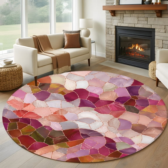 Seamless Glass Shard Pattern Round Rug 5ft Abstract Broken Tile Print Washable Area Rugs for Living Room Bedroom Entryway Non Slip Entrance Door Mat Indoor Floor Carpet