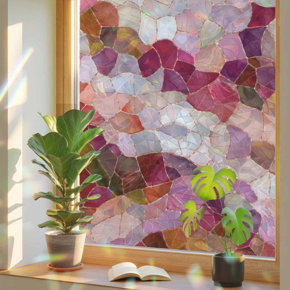 Seamless Glass Shard Pattern Window Privacy Film, Rainbow Film Decorative Window Sticker 17.7x39.3in, Abstract Broken Tile Print Sun Blocking Static Stained Glass Cling Tint Non-Adhesive