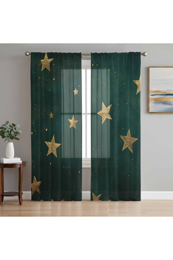 Seamless Gold Star on Hunter Green Chiffon Sheer Curtains 84 Inches Long, Dream Starry Sky 2 Rod Pocket Window Treatment Voile Drapes Curtains for Living Room Bedroom,2 Panels, 52x84In
