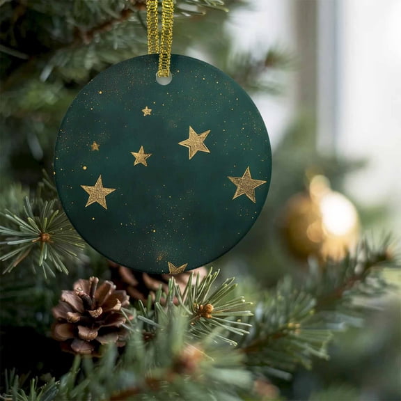 Seamless Gold Star on Hunter Green Christmas Ceramic Ornament 2026,3" Round Xmas Tree Hanging Accessories with Gold Ribbon,Dream Starry Sky Pendant Ornaments for Holiday Gift Home Party Decor