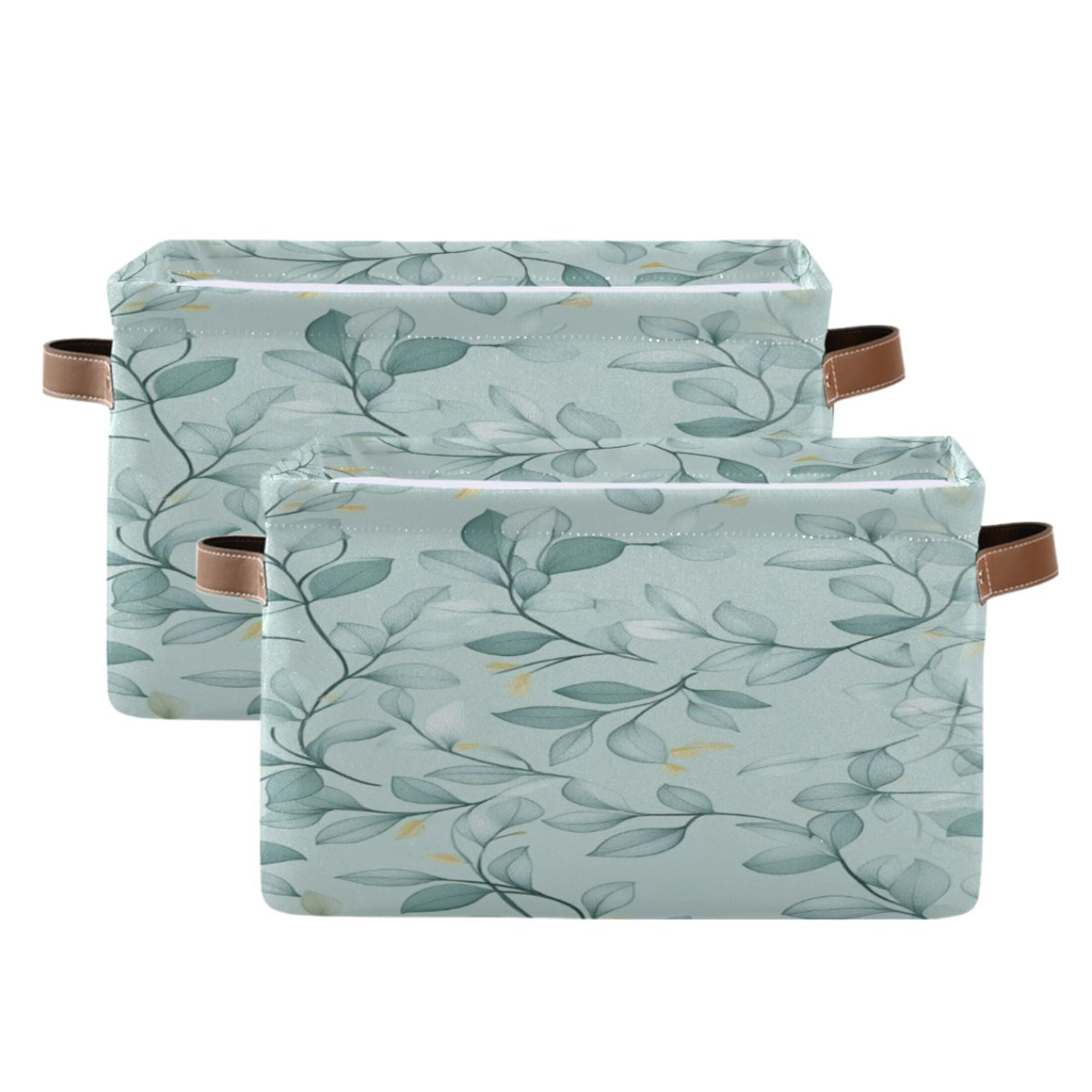 Seamless Green Leaf Foldable Storage Basket,Canvas Fabric Foldable Storage Bins with Handles Open Home Storage Bins Boxes for Toy Book Shelf Closet Baskets
