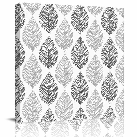 Seamless Grey Leaves Texture Canvas Artwork Painting Art, Abstract Line on White Square Framed Wall Decorations Prints Picture for Bedroom Kitchen Living Room, 8x8 in