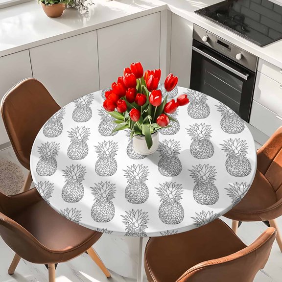 Seamless Grey Pineapple Round Fitted Tablecloth with Elastic Edge,Waterproof Table Cloth Fits 36"-44" Tables,Wipeable Washable Table Cover for Indoor Outdoor Dinning,Rustic Farmhouse Fruit Theme