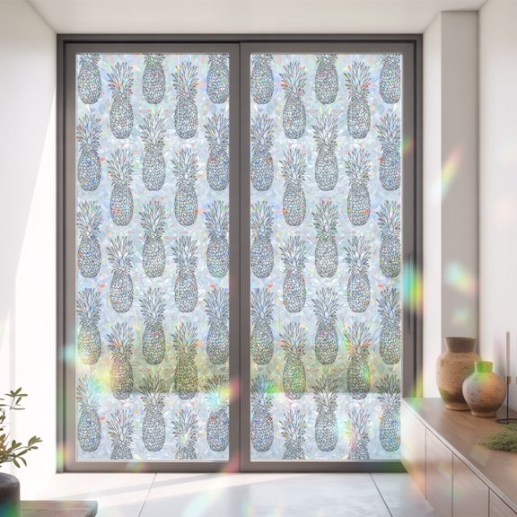 Seamless Grey Pineapple Window Privacy Film,Decorative Windows Static Cling Rustic Farmhouse Fruit Theme Heat Control Removable Glass Sticker for Home Bathroom Bedroom Window Door,35x79in