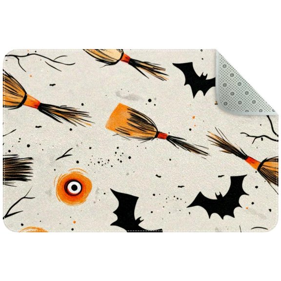 Seamless Halloween Brooms Flying Eyes Bats Small Area Rug, Non-Slip Door Mat Indoor Floor Mat, Washable Kitchen Rug Entrance DMat for Bedroom Living Room
