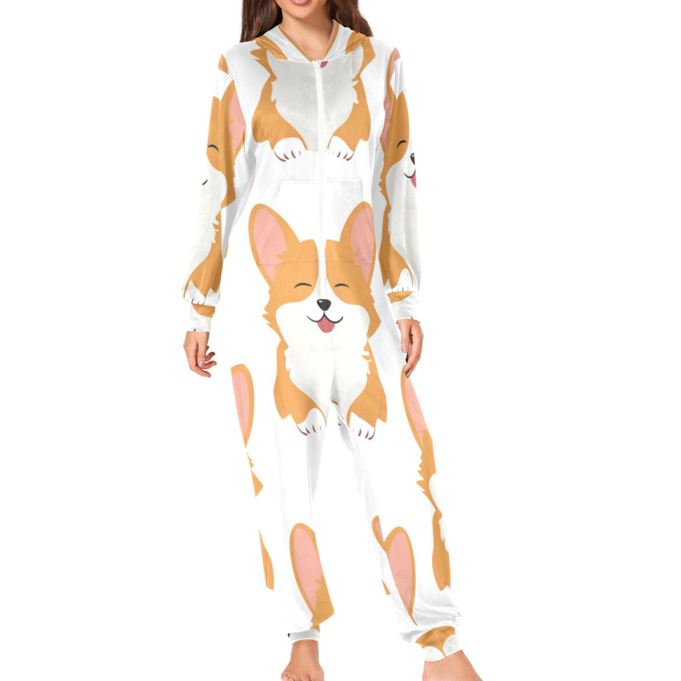 Seamless Happy Dogs Cartoon Adult's Hoodie Onesie Jumpsuit One-Piece Pajamas with Zipper Unisex for Holiday M