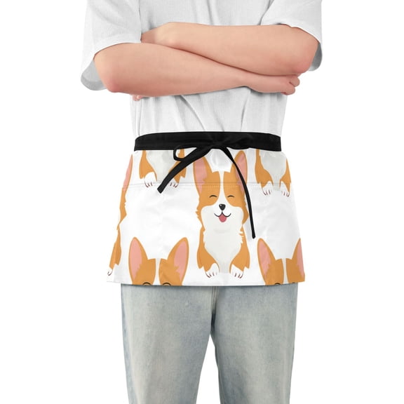 Seamless Happy Dogs Cartoon Short Server Apron with 3 Pockets for Unisex Chef Gardening