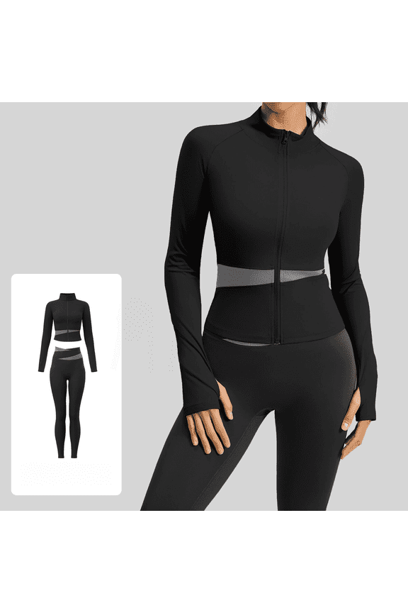 Seamless High Waist Butt Lifting Yoga Set for Women - Full Zip with Thumb Holes Athletic Jackets + Ankle High Waist Tummy Control Liggings + Padded Sports Bra,2pcs/set,Black,US Size M