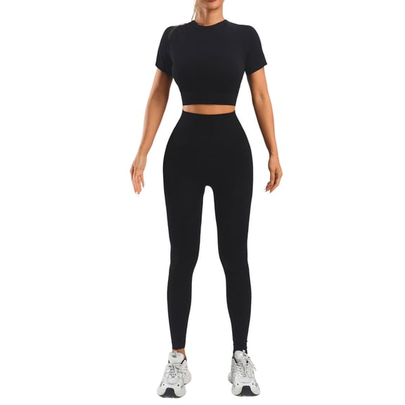 Seamless High Waist Yoga Set Built In Support Bra Top And Short Sleeve Athletic Fitness Outfit For Women