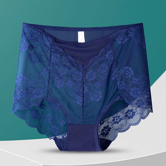 Seamless High Waisted Lace Thong Panty for Women - Comfort Underwear with See-Through Design Breathable Fit Everyday Wear, Blue, L