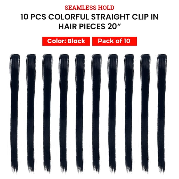 Seamless Hold 10 PCS Colorful Straight Synthetic Fiber Hair Extension Clip In Hairpieces 20” Inch - Party Highlights Rainbow Hair Accessories for Women Girls - (Black) 10 Pack