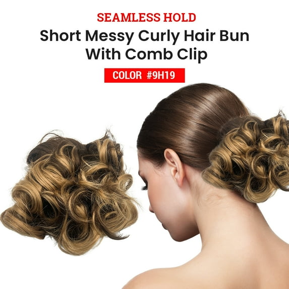 Seamless Hold Short Messy Curly Hair Bun Extensions with Comb Clip - Easy Clip-In Updo Natural Look Synthetic Hair Piece Perfect for Ponytail & Chignon Hair (9H19 Honey / Medium Brown)